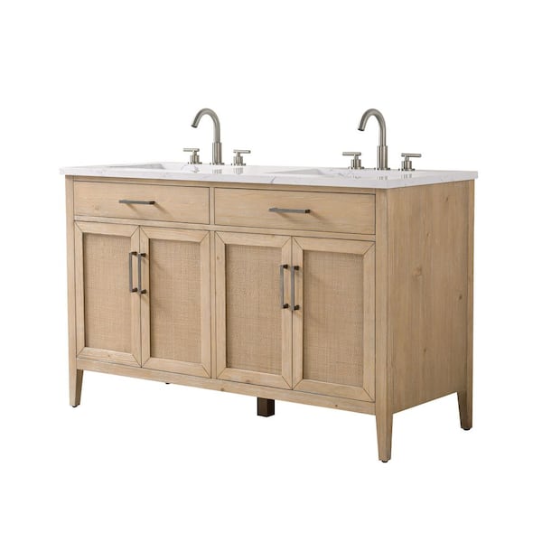 Cove 54 in. W Bath Vanity in Coastal Sand with Engineered Stone Top in Carrara White with White Sinks