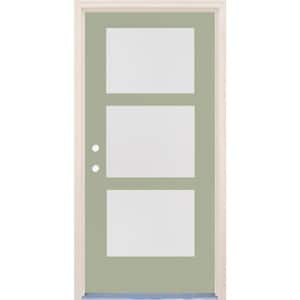 36 in. x 80 in. Right-Hand/Inswing 3 Lite Satin Etch Glass Cypress Painted Fiberglass Prehung Front Door w/4-9/16" Frame