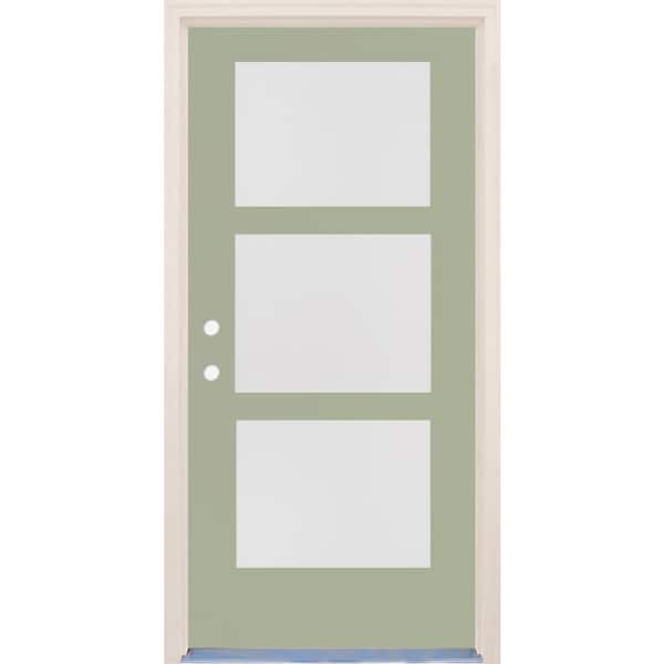 Builders Choice 36 in. x 80 in. Right-Hand/Inswing 3 Lite Satin Etch Glass Cypress Painted Fiberglass Prehung Front Door w/4-9/16" Frame