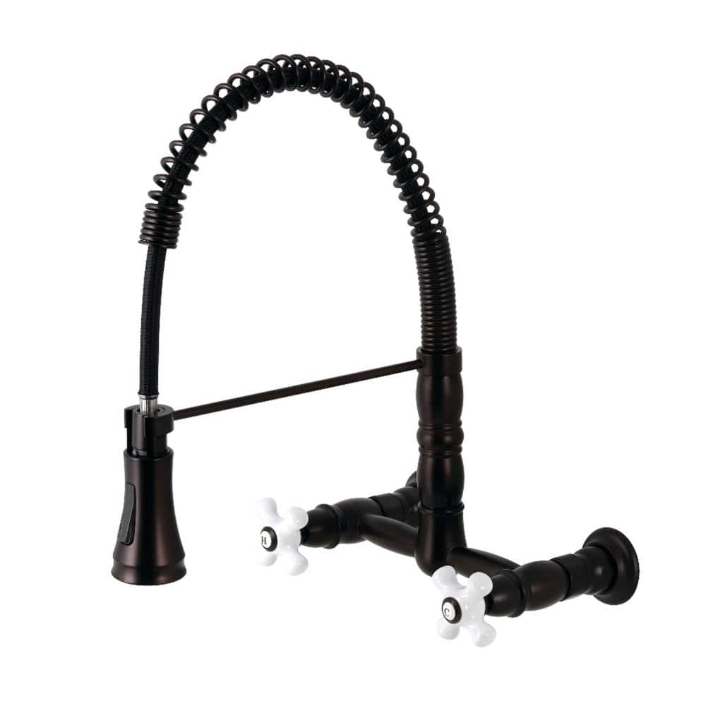 Oil Rubbed Bronze Wall-Mount Kitchen Faucet with Pull-Down Sprayer