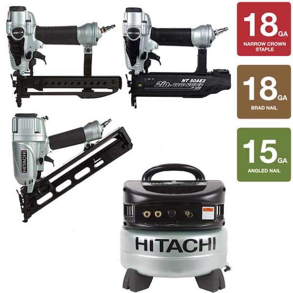 Hitachi 4-Piece Angled Finish Nailer, 2 in. Finish Nailer, 1/4 in. Crown Stapler and 6 gal. Compressor