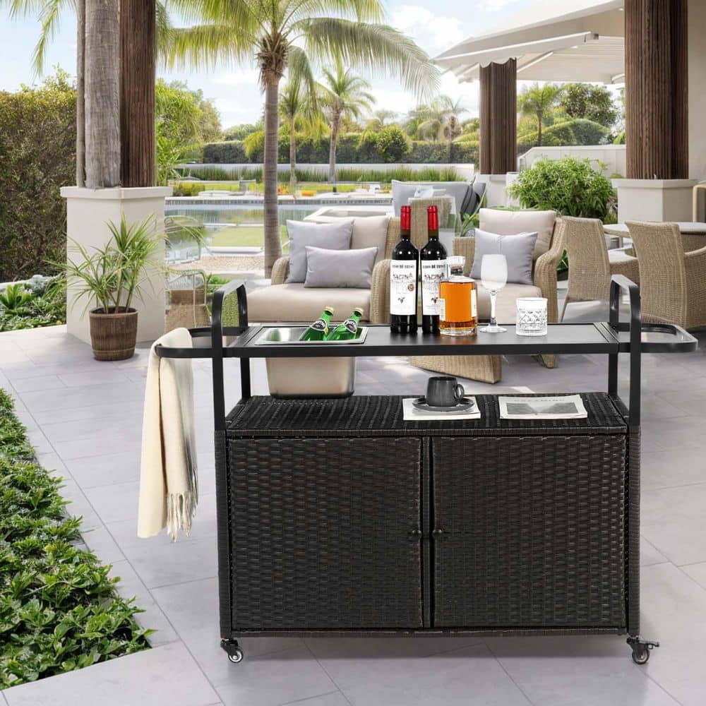 Steel Outdoor Bar Table, Wicker Bar Cart with Cabinet, Rolling Bar Grill Ca