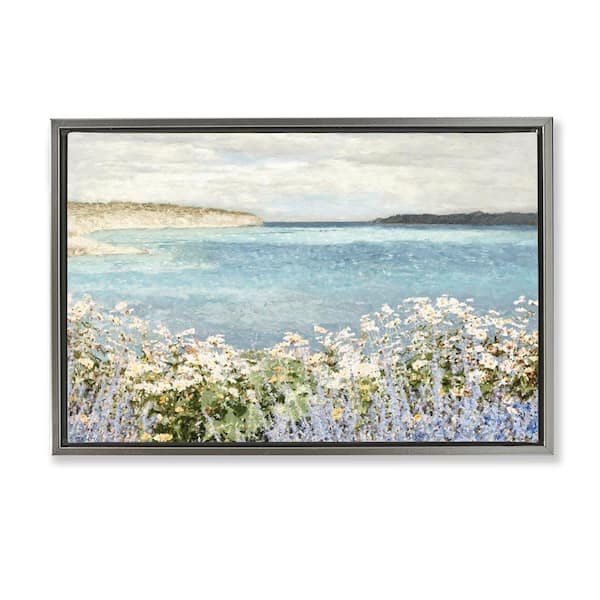 Daisy Field over Sea by Amber Sterling Gray Floater Frame Nature Graphic Art Print 21 in. x 31 in.