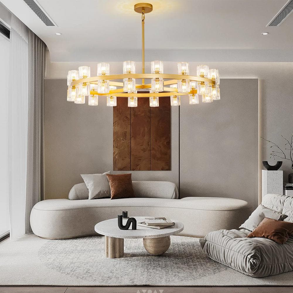 36-Light Gold Round Crystal Chandelier with LED Bulbs
