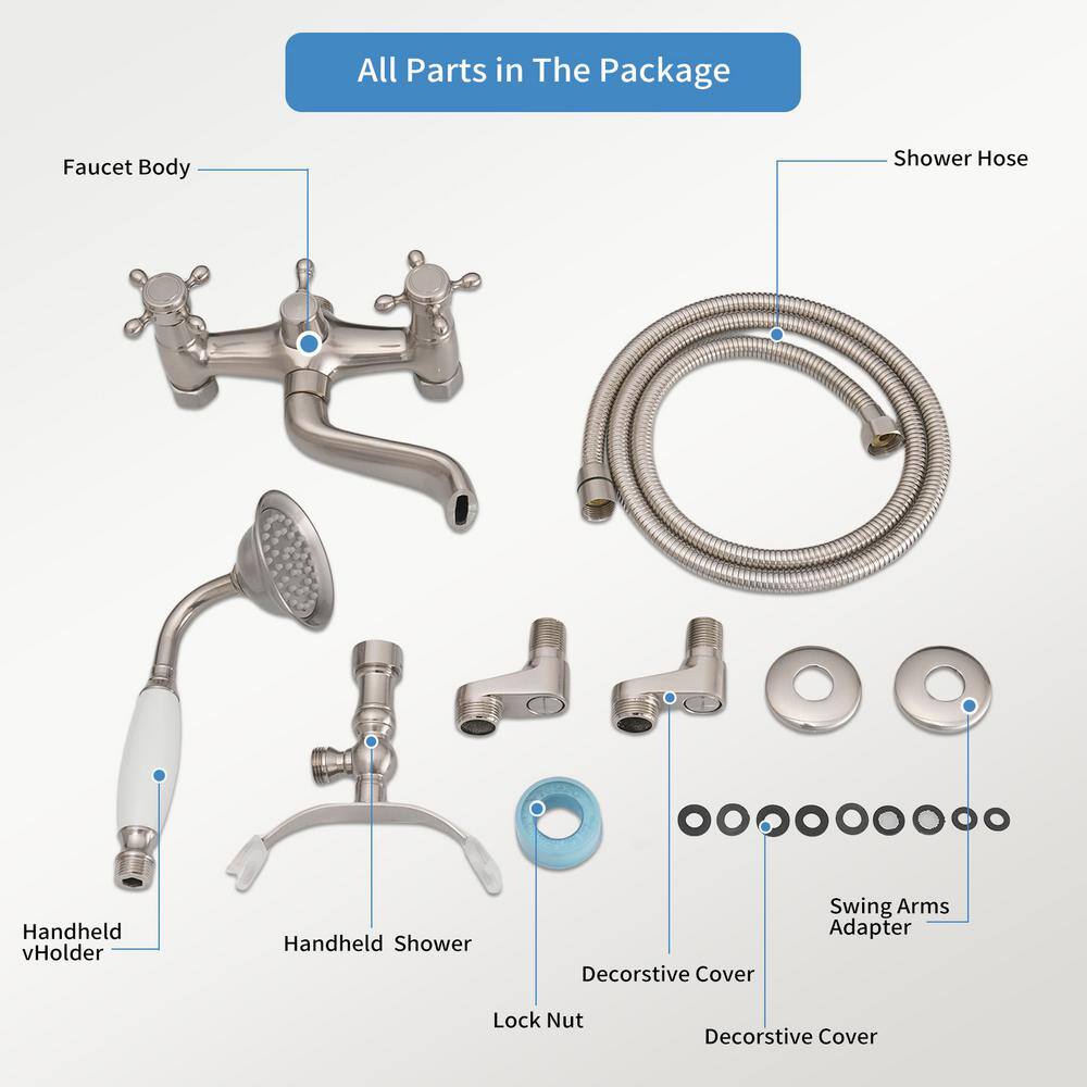Brushed Nickel Double Handle Wall Mount Tub Faucet