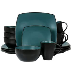 Soho Lounge 16-Piece Square Stoneware Dinnerware Set in Teal and Black