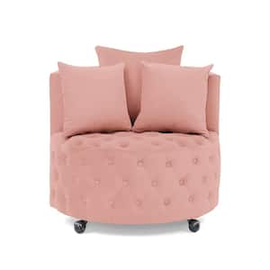 Pink Velvet Upholstered Swivel Chair with Button Tufted Design and Movable Wheels