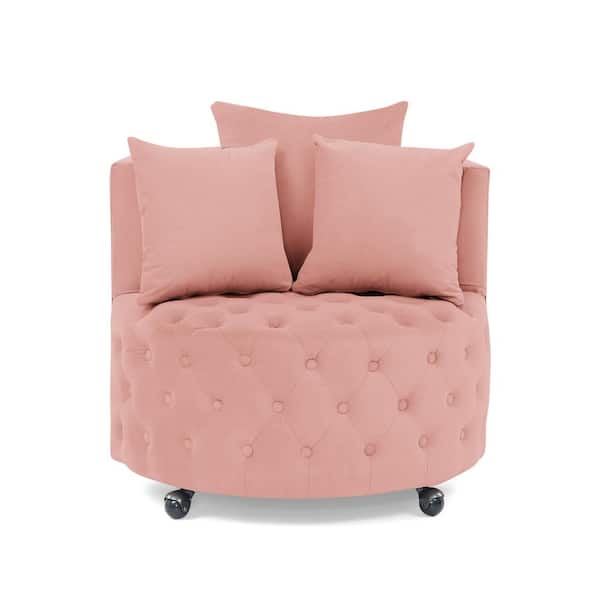 Pink Velvet Upholstered Swivel Chair with Button Tufted Design and Movable Wheels
