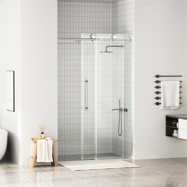 48 in. W x 75 in. H Sliding Frameless Shower Door in Brushed Nickel with Tempered Glass