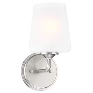Stasia Wall Light Sconce with Frosted Glass Tapered Shade Satin Nickel