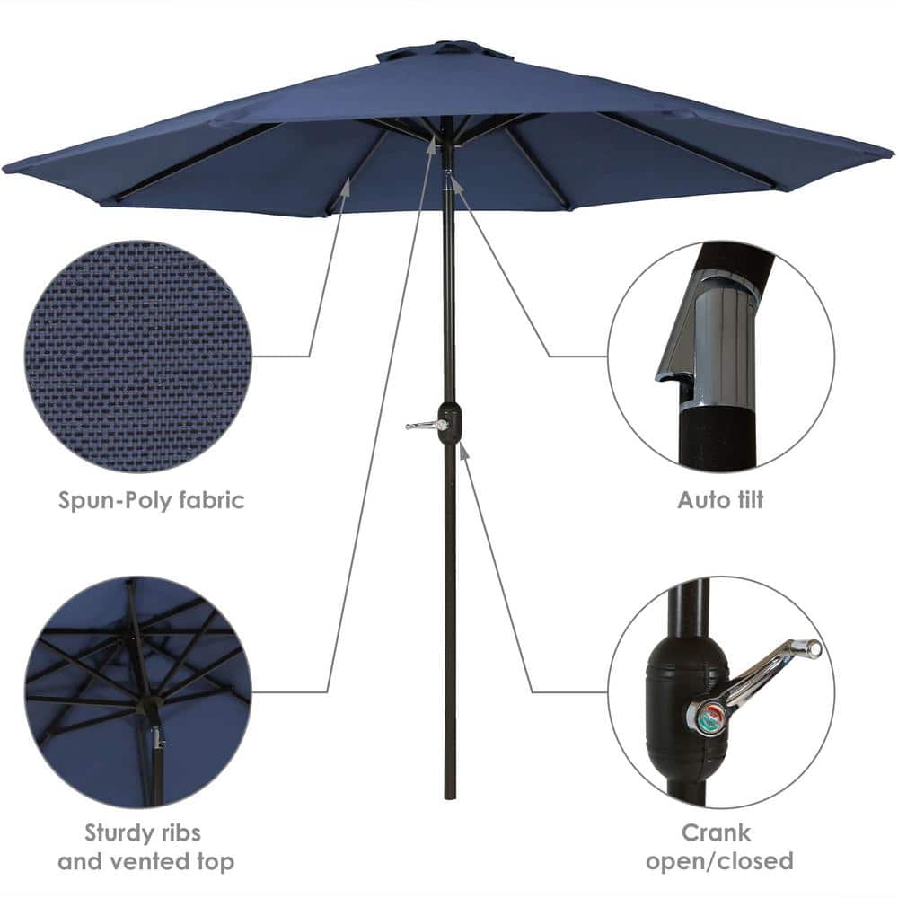 Navy Blue 9-Foot Aluminum Market Patio Umbrella with Auto Tilt