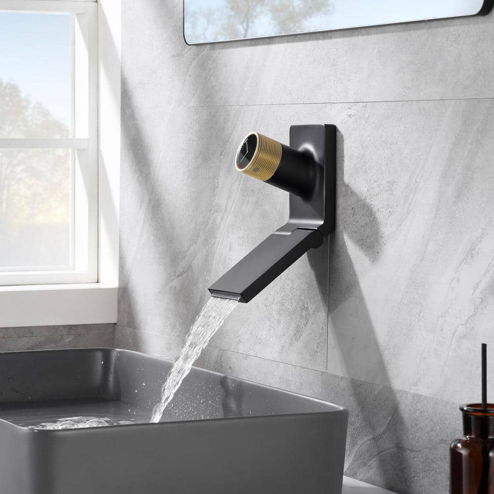 Black and Gold Brass Wall Mount Bathroom Faucet with Foldable Spout