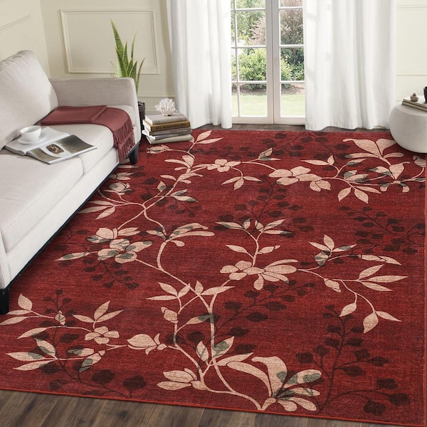 Red 9x12 Plant Floral Rug Machine Washable Ultra-Thin Soft Foldable Polyester