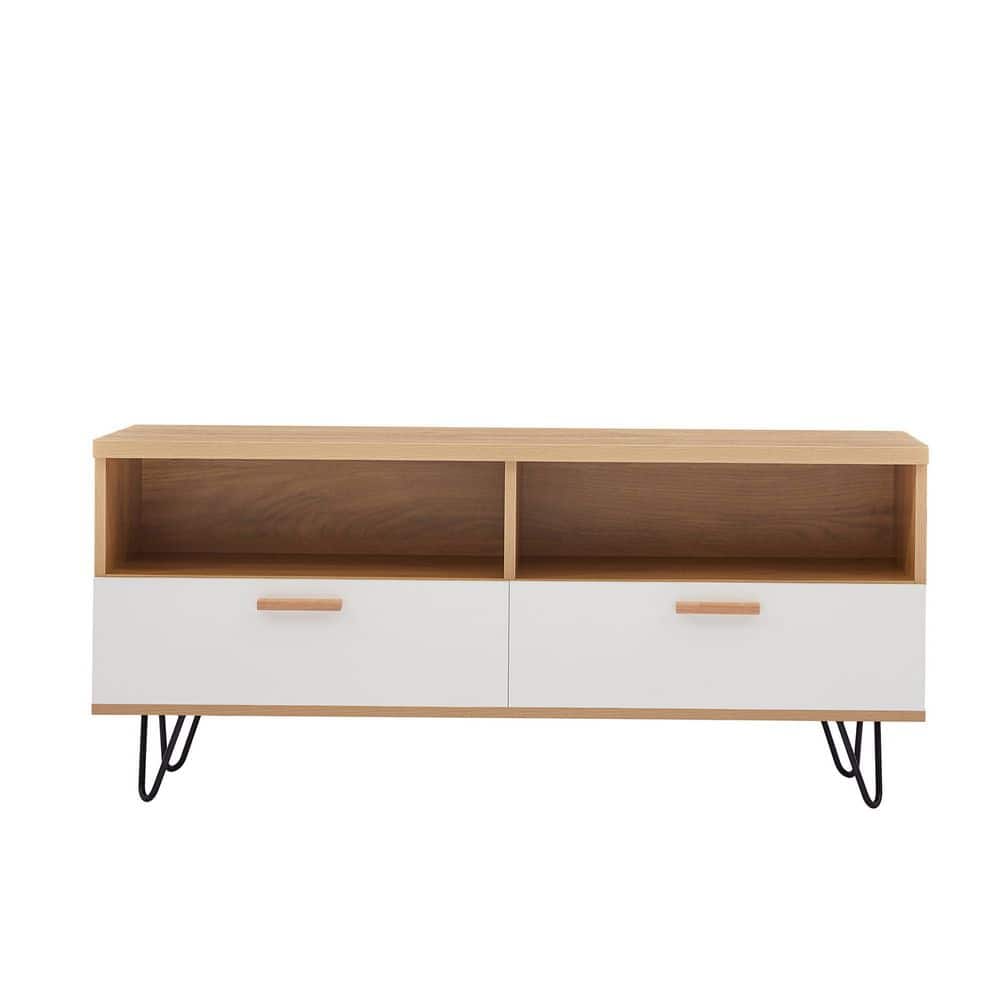 47 in. Mid-Century Modern TV Stand Flat Screen Wood TV Console Media Cabinet Fits TV's up to 55 in. with Storage, White