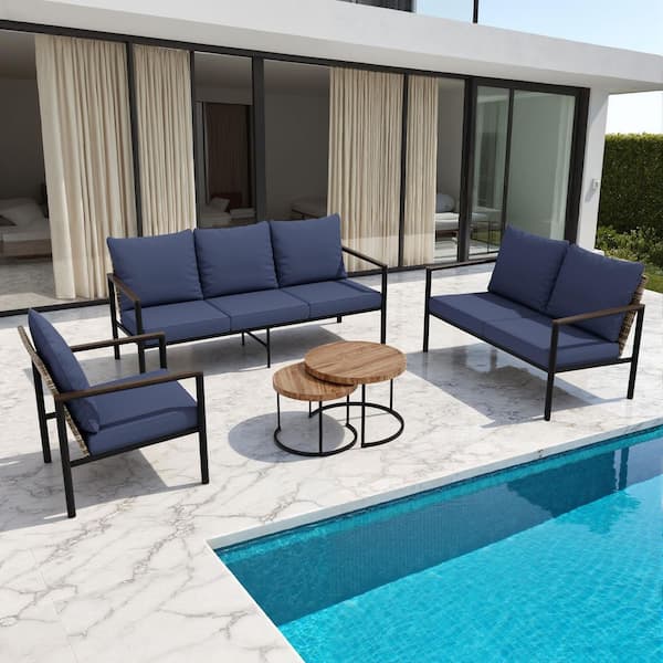INMITOM 4-Piece Outdoor Wicker Patio Conversation Set with Blue Cushions, Seats 6, Includes Coffee Table