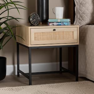 Caterina 1-Drawer Natural Brown and Black Nightstand 21.7 in. H x 19.7 in. W x 19.7 in. D