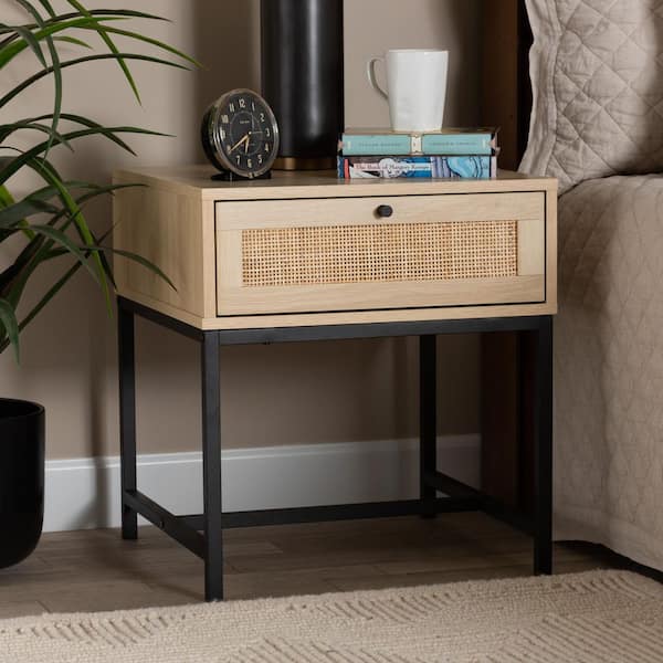 Baxton Studio Caterina 1-Drawer Natural Brown and Black Nightstand 21.7 in. H x 19.7 in. W x 19.7 in. D