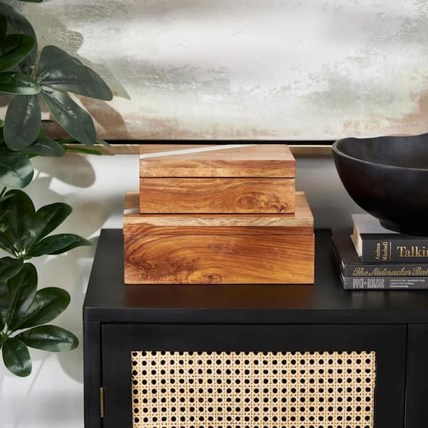 Litton Lane Rectangle Mango Wood Box with Silver Diagonal Stripes (Set of 2)
