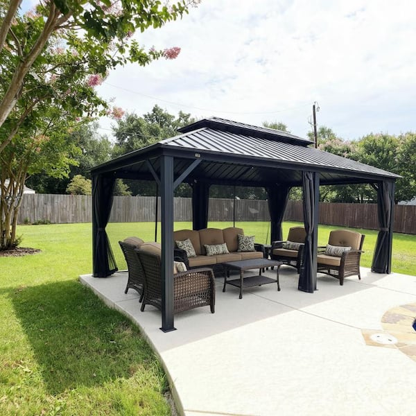 12 ft. x 18 ft. Gray Aluminum Hardtop Gazebo Canopy with Netting and Curtains