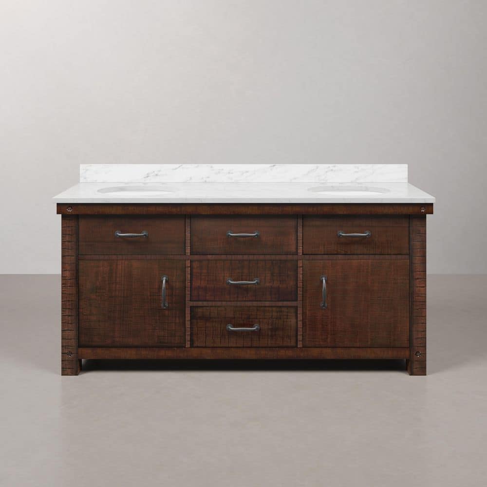 Aberdeen 72" Double Sink Rustic Sierra Vanity with Carrara White Marble Top
