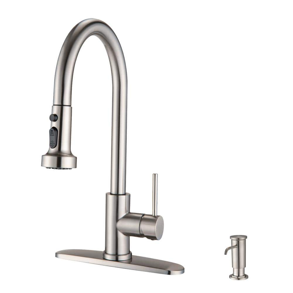 Single Handle Pull Down Sprayer Kitchen Faucet with in Brushed Nickel Modern Stainless Steel Soap Dispenser for 1/3 Hole -  Fapully, FAB-0032N-DS