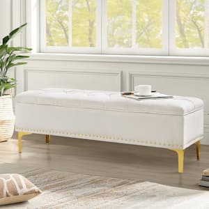 Mondo Beige Chenille Modern Storage Bench with Wood Frame and Gold Metal Leg End of Bed Storage Ottoman