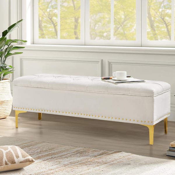 LUE BONA Mondo Beige Chenille Modern Storage Bench with Wood Frame and Gold Metal Leg End of Bed Storage Ottoman