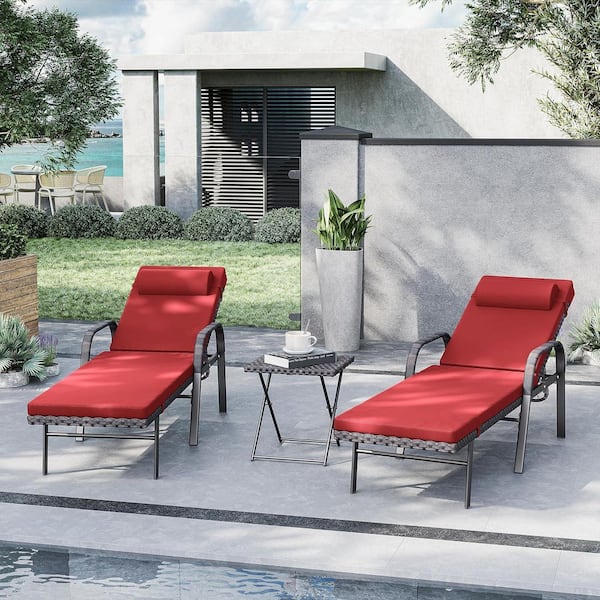 3-Piece Wicker Outdoor Folding Chaise Lounge with Table, Armrest and Cushion Red