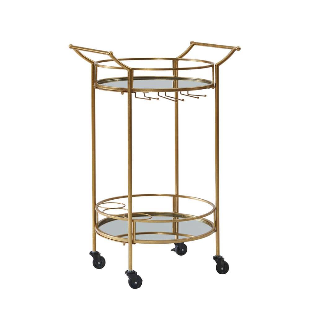 Transitional Round Gold Metal Bar Cart with Mirrored Shelves and Wine Storage