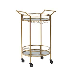 Round Gold Metal Bar Cart with Mirrored Shelves and Locking Casters