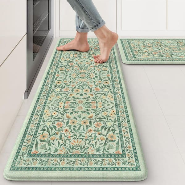 Green 17.3 in. x 29 in. + 17.3 in. x 47 in. Indoor Floral Kitchen Rugs Sets of 2