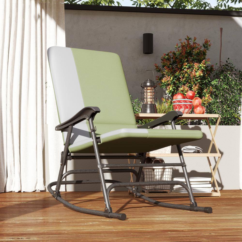 Dark Green and Gray Steel Outdoor Rocking Chairs with Cushions