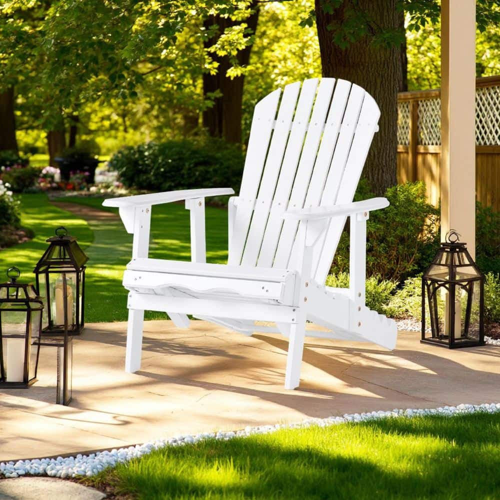 Benjara Libo White Acacia Wood Outdoor Reclining Adirondack Chair
