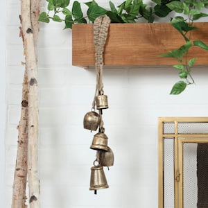 Gold Metal Tibetan Inspired Various Shapes Decorative Cow Bells with 5 Bells on Jute Hanging Rope