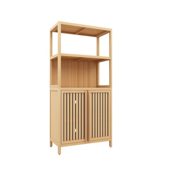 24.5 in. W x 13 in. D x 52 in. H Natural Brown Bamboo Linen Cabinet Storage Organizer with 2-Doors and Open Shelves
