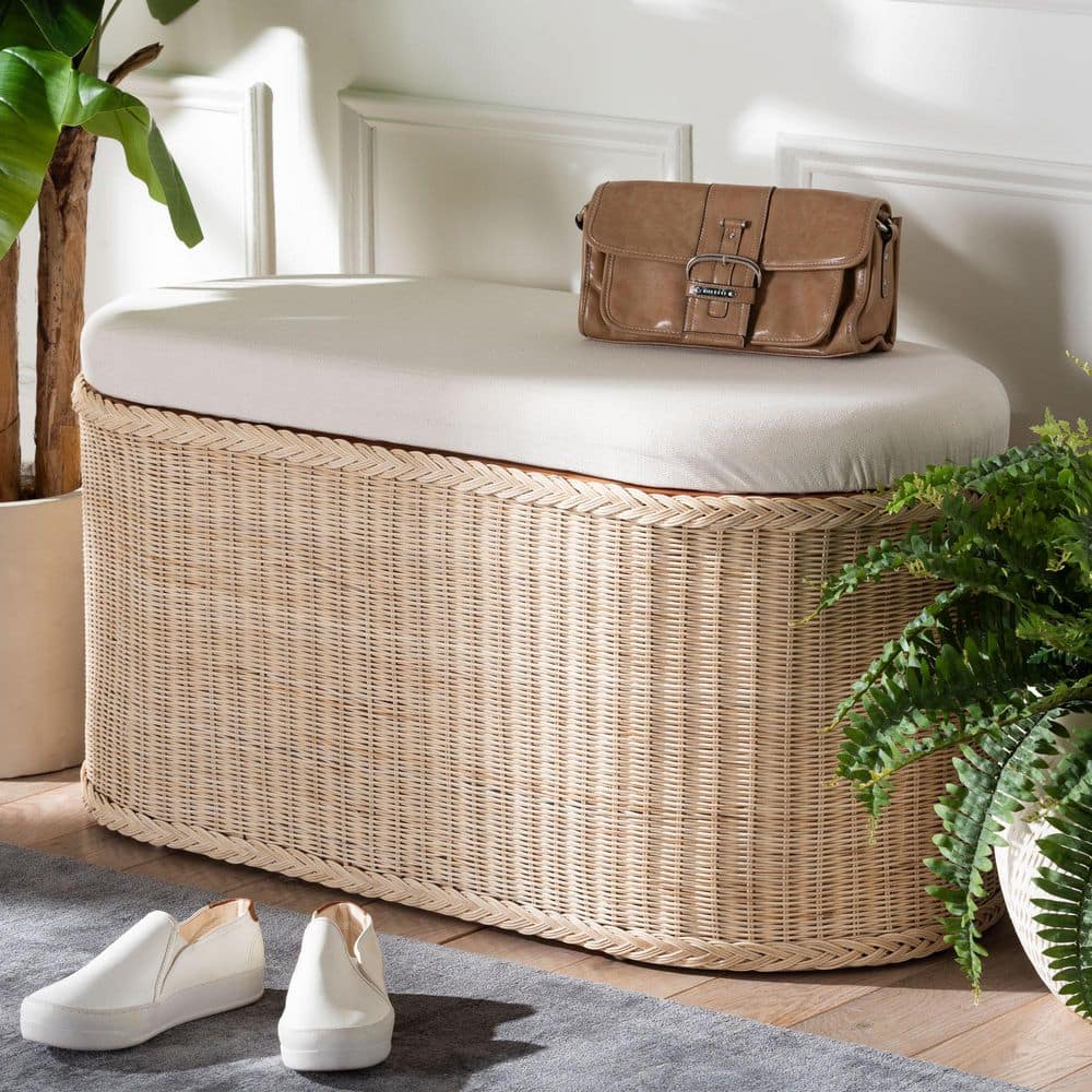 bali & pari Barid Natural Rattan and Fabric Oval Ottoman 259-14274