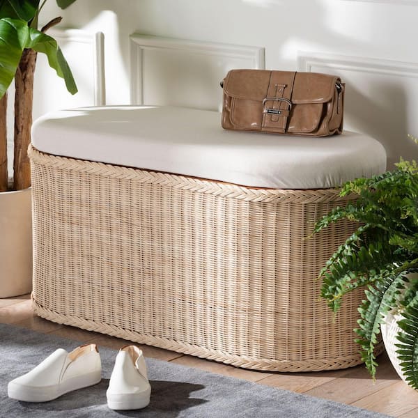 Barid Natural Rattan and Fabric Oval Ottoman