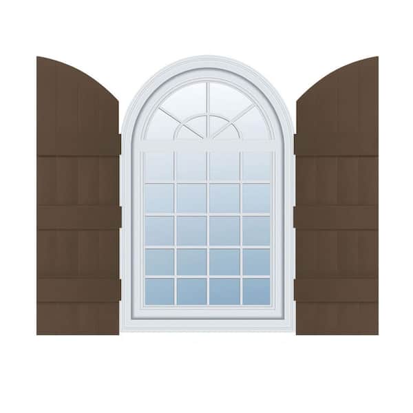 Ekena Millwork 14 in. x 57 in. Lifetime Vinyl Standard Four Board Joined w/ Archtop Board and Batten Shutters Pair Federal Brown
