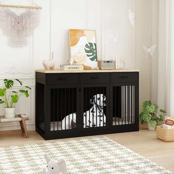 FUFU&GAGA Large Dog Cage Storage Cabinet, Dog House Furniture Style Dog Crate with 3-Drawers for Medium Small Dogs, Black