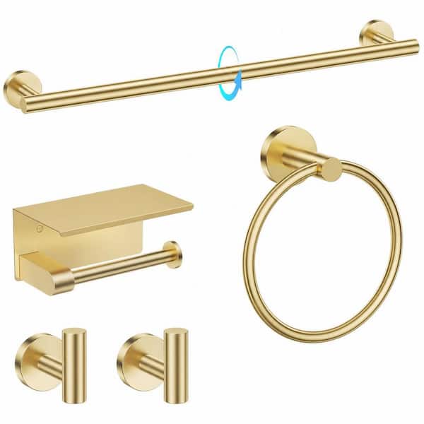 5-Piece Brushed Gold Stainless Steel Bathroom Hardware Set with 23.6 in Towel Bar and Toilet Paper Holder
