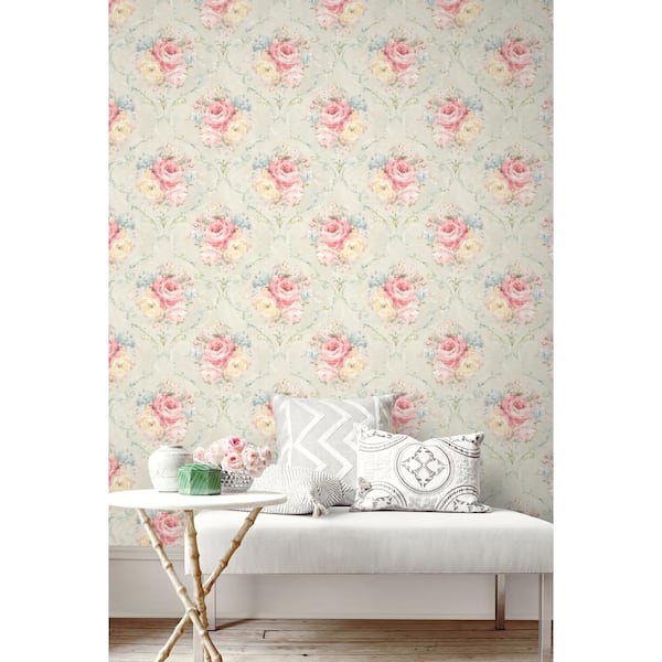 Framed Bouquet Beige and Rose and Yellow Vinyl Peel and Stick Strippable Wallpaper Roll (Cover 30.75 sq. ft. )
