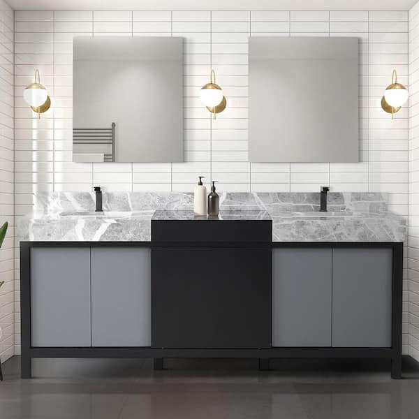 Lexora Zilara 80 in x 22 in D Black and Grey Double Bath Vanity, Castle Grey Marble Top and Gun Metal Faucet Set