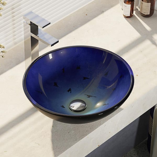 Rene Glass Vessel Sink in Gradient Blue with R9-7003 Faucet and Pop-Up Drain in Chrome