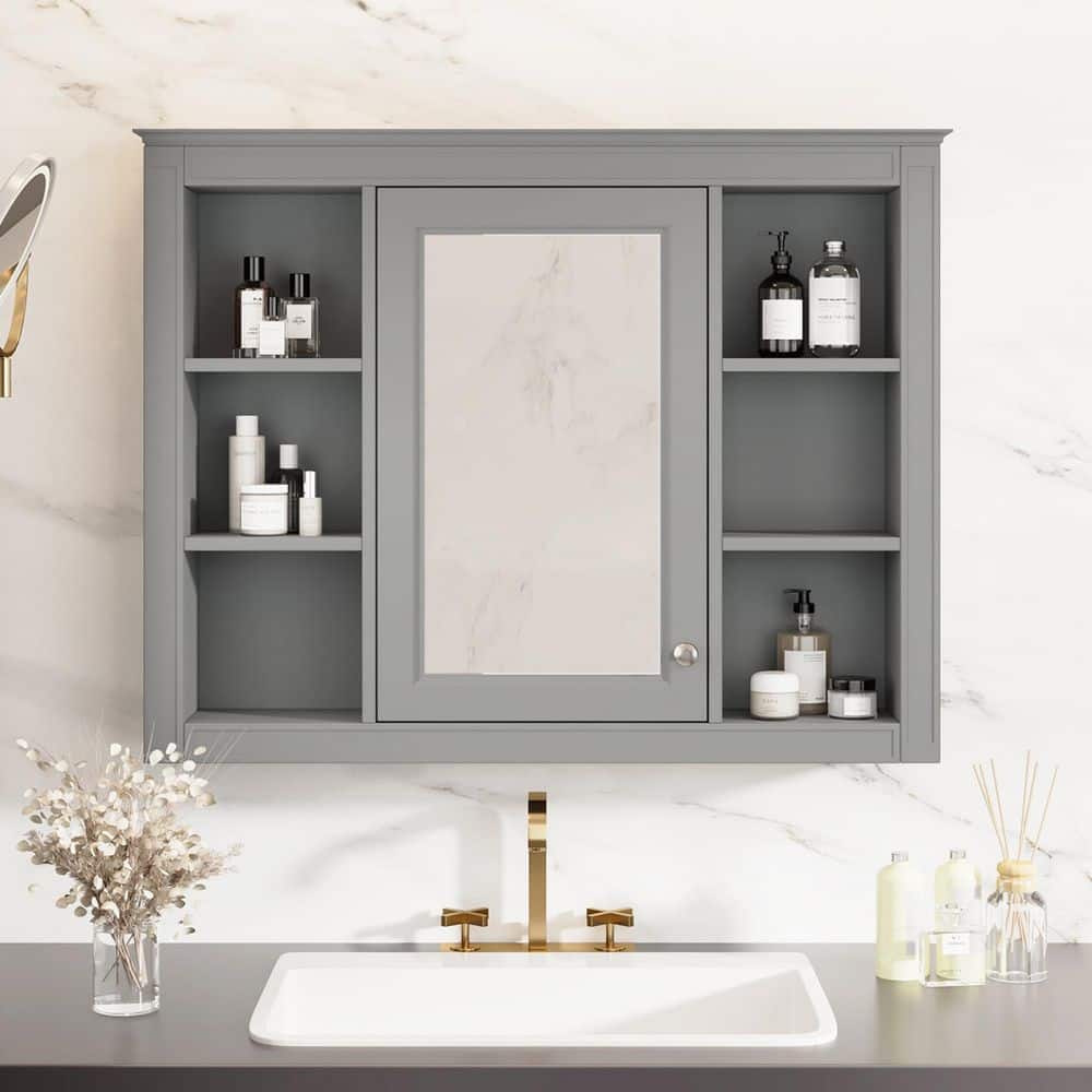 35 in. W x 27.5 in. H Rectangular Gray MDF Surface Mount Medicine Cabinet with Mirror, with 6-Shelves price history on PriceWatchPro