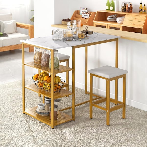 Costway 3-PCS Bar Table Set Kitchen Counter Height Table 2-Stools Space Saving with Storage