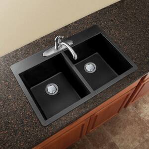 Radius Drop-in Granite 33 in. 3-Hole Equal Double Bowl Kitchen Sink in Black
