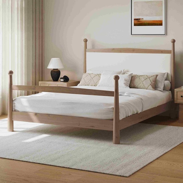 Polibi Natural Wood Frame Queen Size Platform Bed with Upholstered Headboard in Boucle