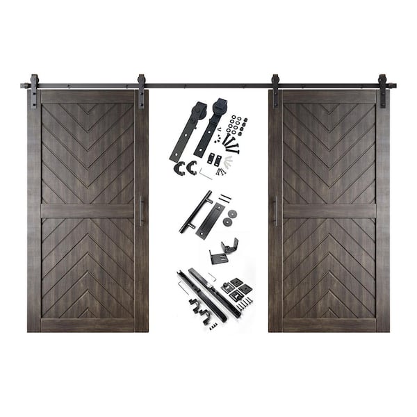 JT4 32 in. x 80 in. C-Panel Ebony Fishbone Design Double Pine Wood Sliding Barn Door with Hardware Kit