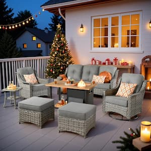 Denver 7-Piece Wicker Outdoor Patio Conversation Sofa Set with Swivel Chairs, a Storage Fire Pit and Dark Grey Cushions