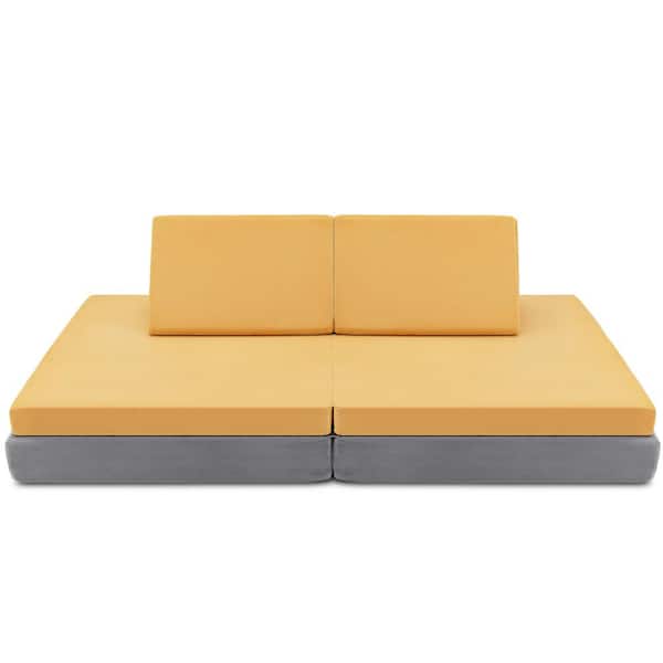 Costway 4-Piece Yellow Fabric Convertible Kids Couch or 2 Chairs Toddler to Teen Sofa and Play Set